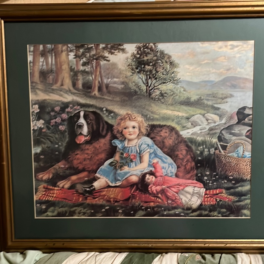 Victorian Girl with Saint Bernard Vintage Print